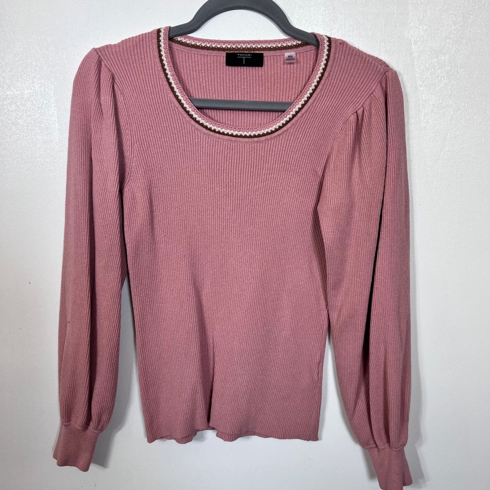 Tahari Women's M Dusty Rose Ribbed Puff Sleeve Sweater Scalloped Trim Coquette